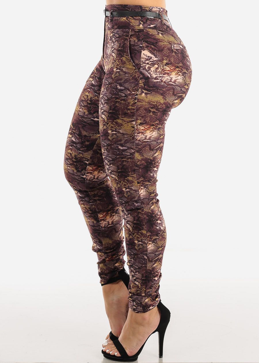 High Waist Printed Dressy Skinny Pants Brown w Belt sold by Moda product image thumbnail 3
