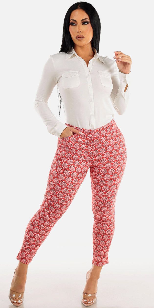 Printed Mid Rise Ankle Skinny Pants with White Button Up Long Sleeve Shirt sold by Moda