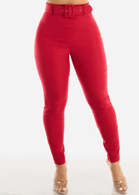 Red Super High Waisted Stretch Skinny Pants w Belt sold by Moda
