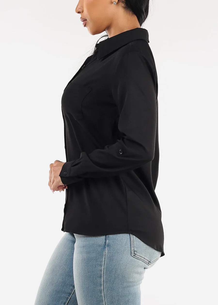 Long Sleeve Button Down Twill Collared Blouse Black sold by Moda product image thumbnail 3