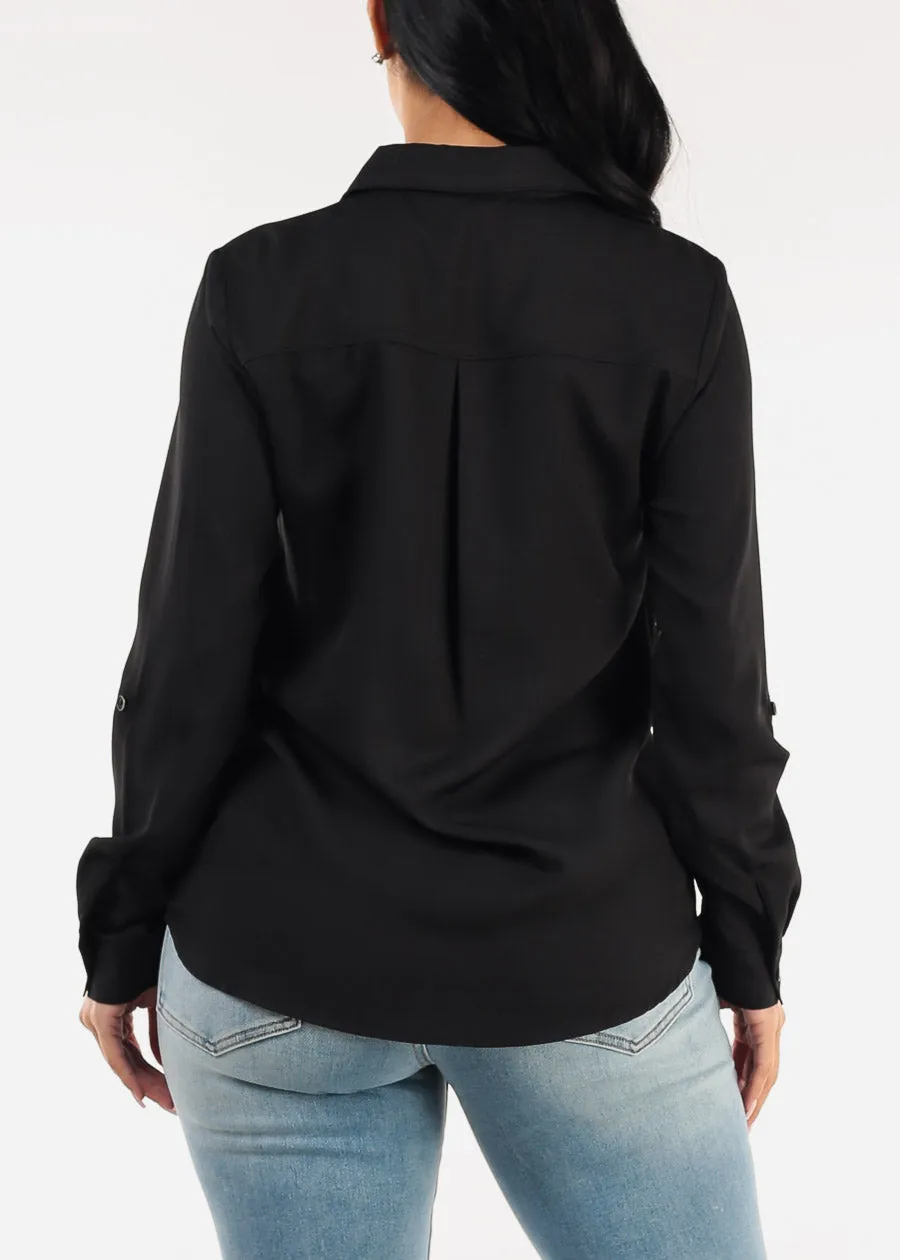 Long Sleeve Button Down Twill Collared Blouse Black sold by Moda product image thumbnail 4