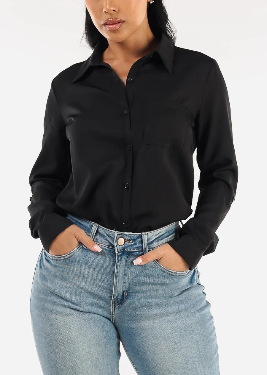 Long Sleeve Button Down Twill Collared Blouse Black sold by Moda