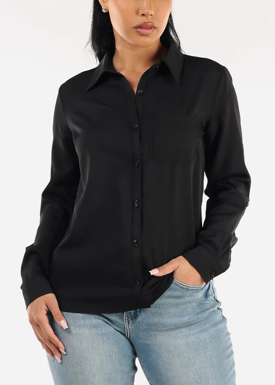 Long Sleeve Button Down Twill Collared Blouse Black sold by Moda product image thumbnail 5