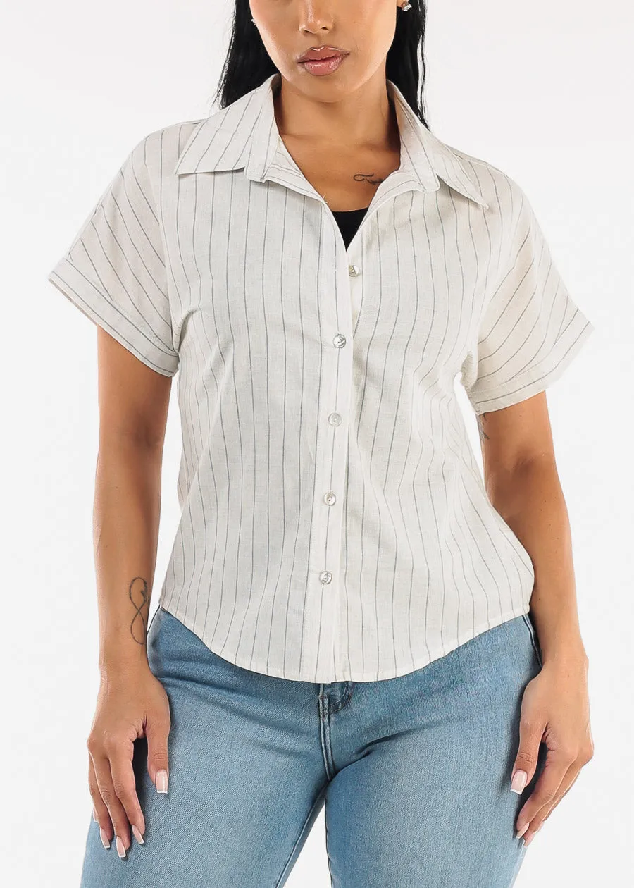 Cotton Short Sleeve Stripe Button Up Blouse Off White sold by Moda product image thumbnail 5