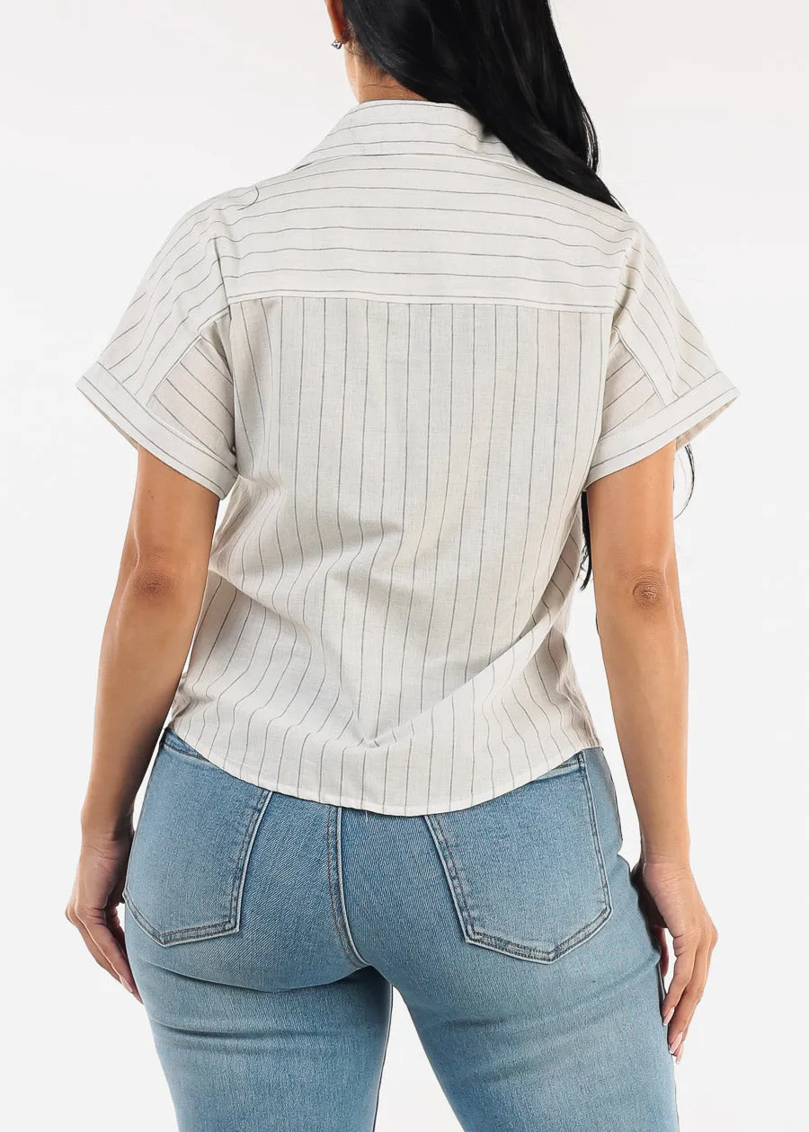 Cotton Short Sleeve Stripe Button Up Blouse Off White sold by Moda product image thumbnail 4