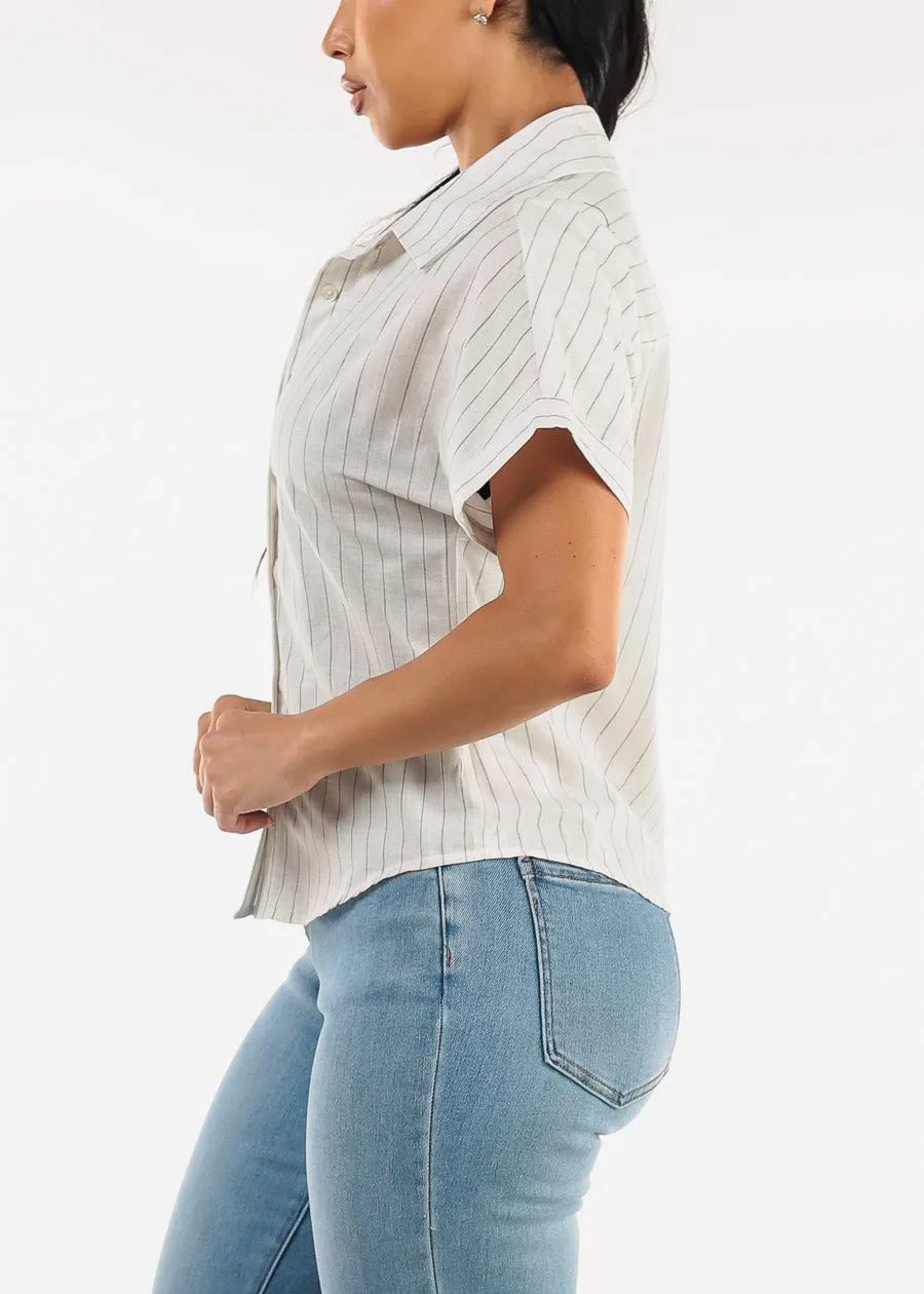 Cotton Short Sleeve Stripe Button Up Blouse Off White sold by Moda product image thumbnail 3