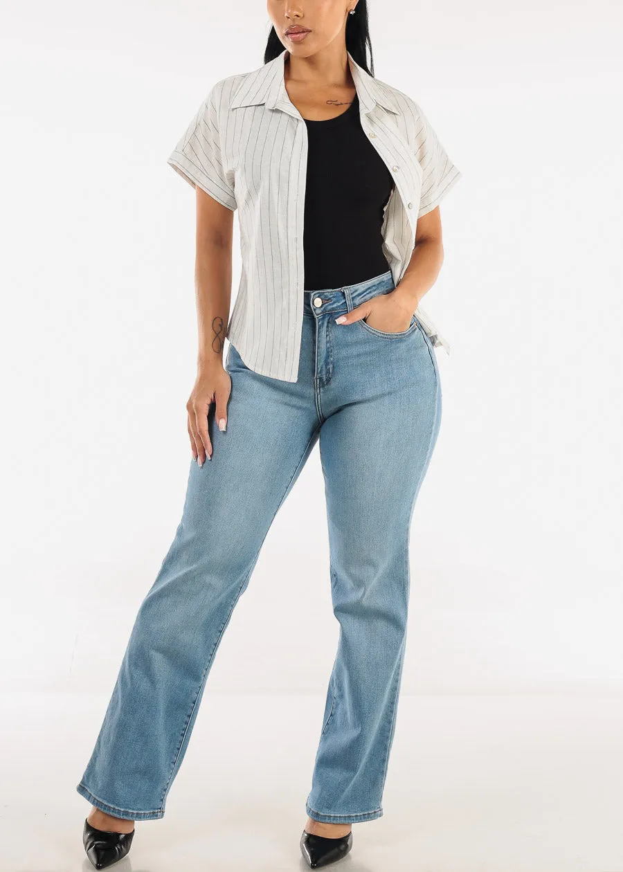 Cotton Short Sleeve Stripe Button Up Blouse Off White sold by Moda product image thumbnail 2