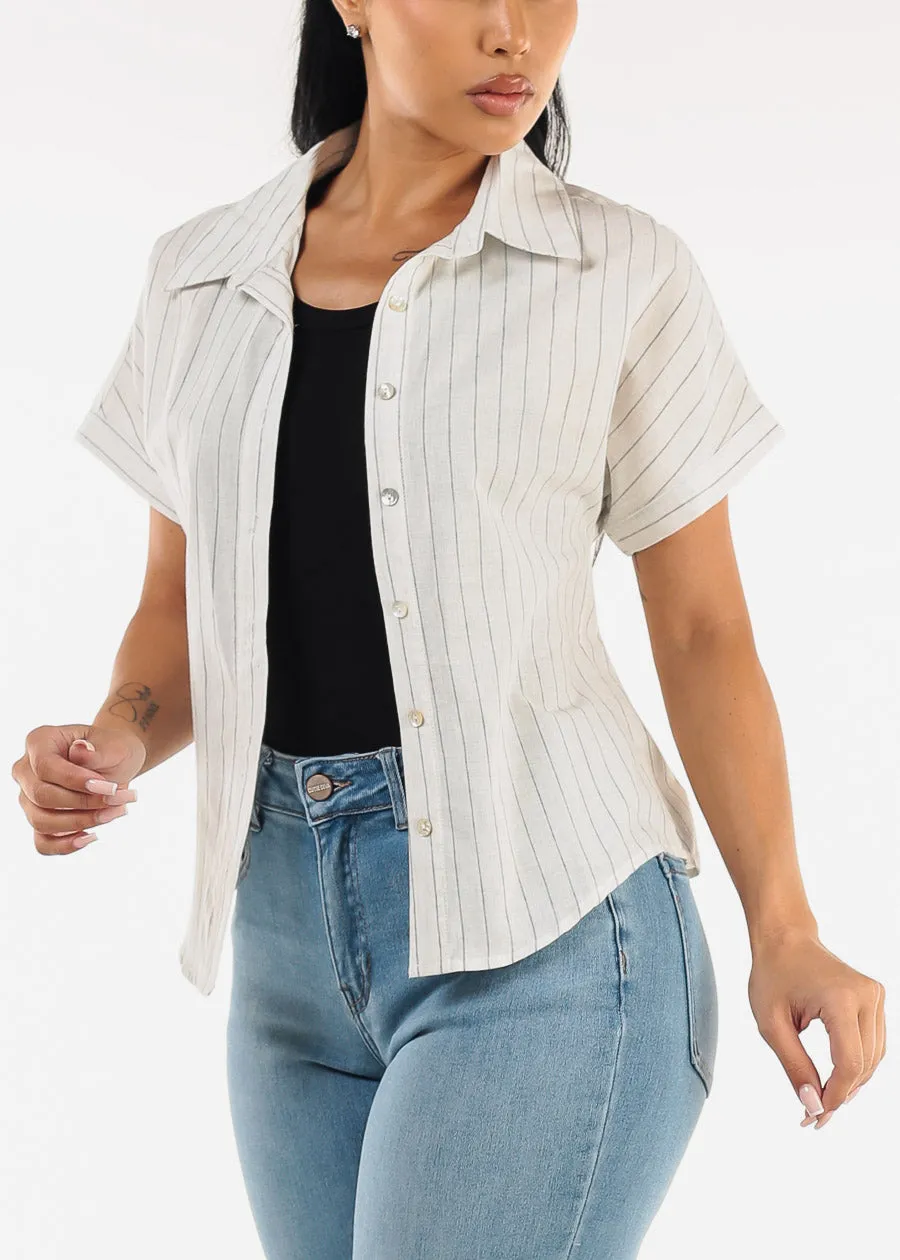 Cotton Short Sleeve Stripe Button Up Blouse Off White sold by Moda