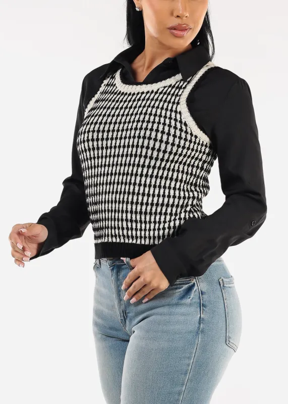 Sleeveless Printed Knit Sweater Vest Black & White sold by Moda