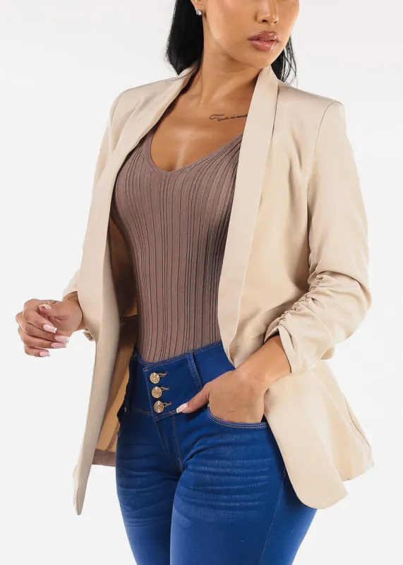 Quarter Sleeve Open Front Blazer Beige sold by Moda