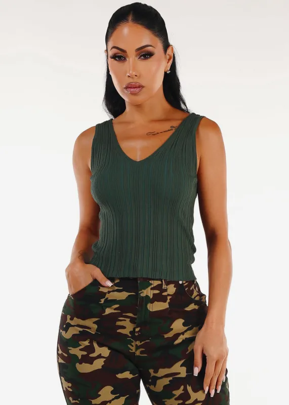 Sleeveless Vneck Knitted Stretch Top Green sold by Moda