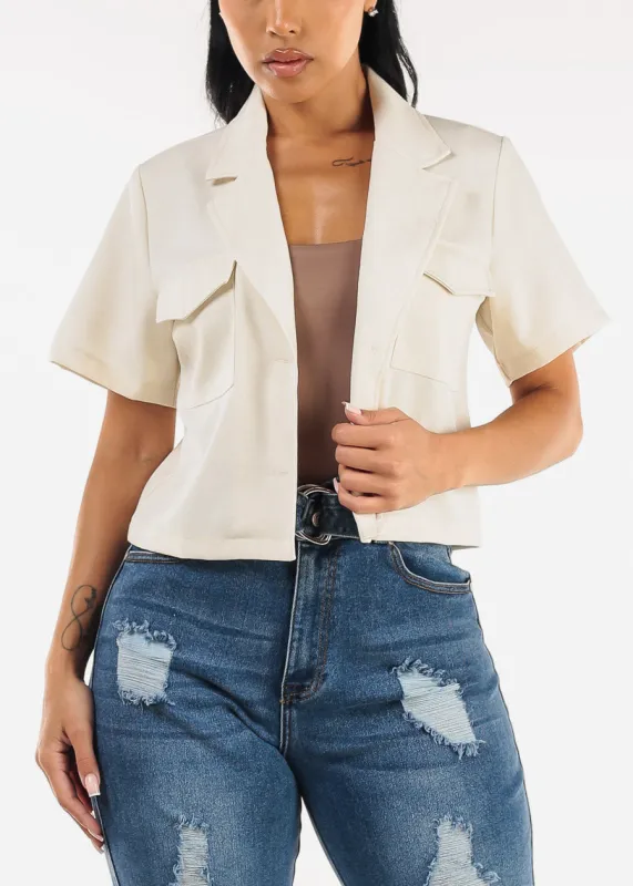 Short Sleeve 2 Button Blazer Jacket Oatmeal sold by Moda