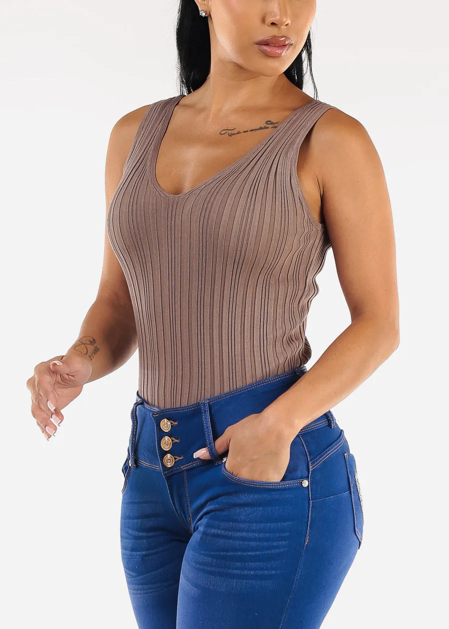 Sleeveless Vneck Knitted Stretch Top Mocha sold by Moda