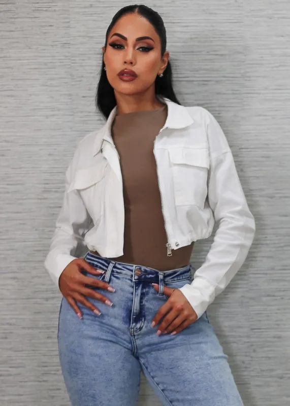 Long Sleeve Zip Up Stretch Cotton Cropped Jacket White sold by Moda