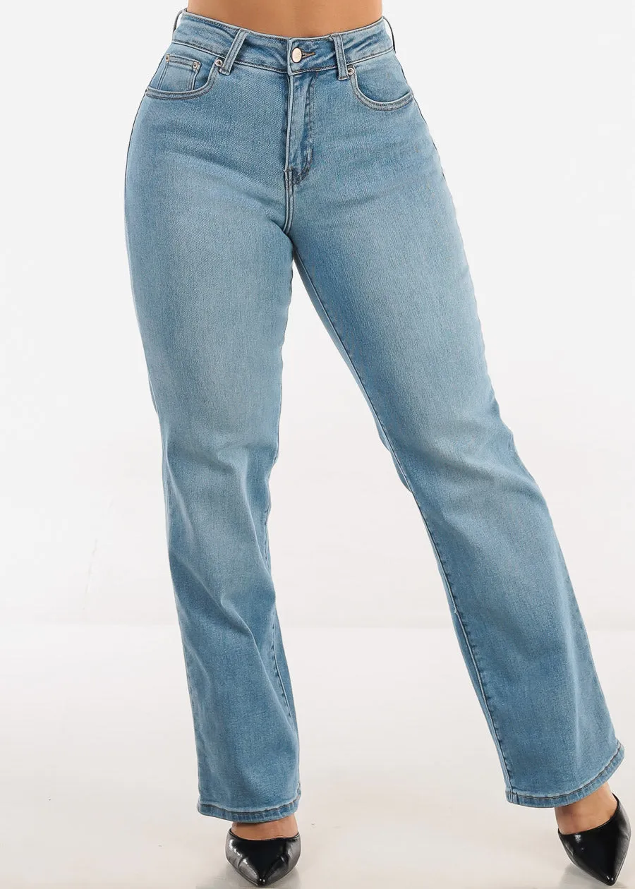 High Rise Stretchy Straight Wide Leg Jeans Light Wash sold by Moda