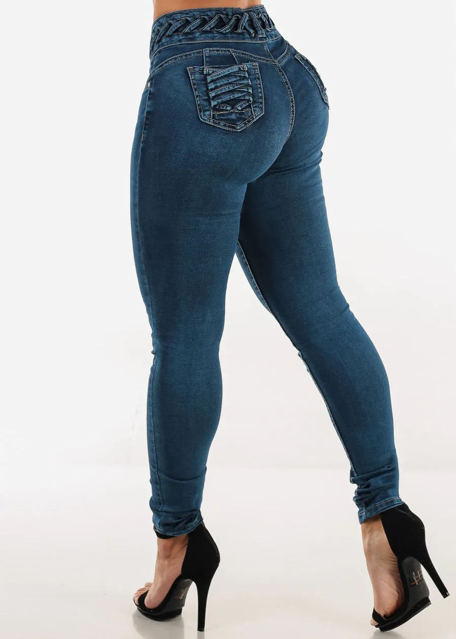 Butt Lift High Waist Skinny Jeans Blue w Lace Up Design sold by Moda product image thumbnail 5