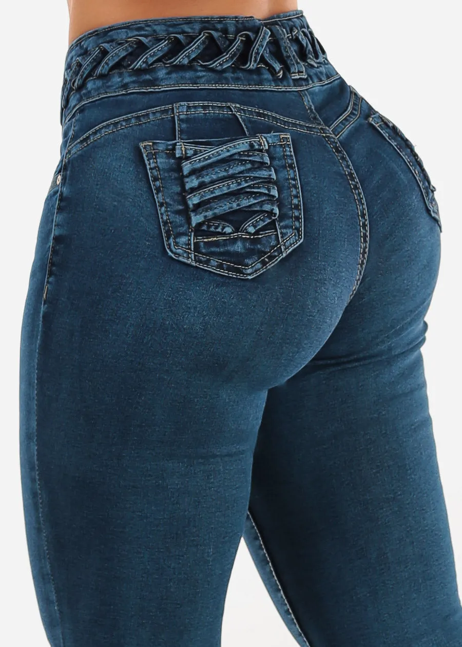 Butt Lift High Waist Skinny Jeans Blue w Lace Up Design sold by Moda