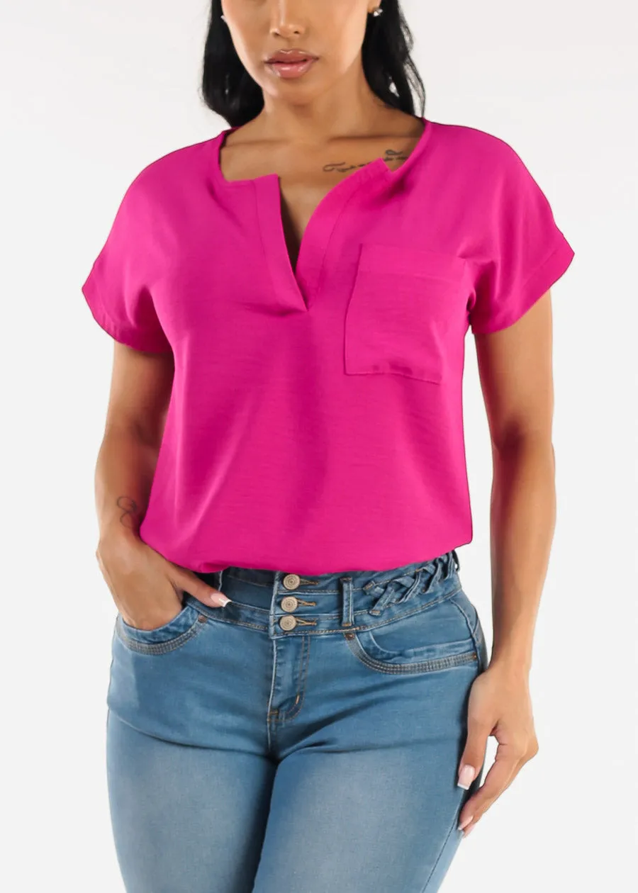 Casual Short Sleeve Vneck Blouse Fuchsia sold by Moda