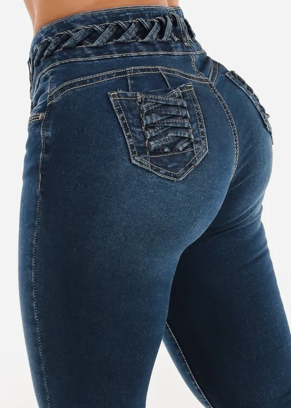 Butt Lift High Waist Skinny Jeans Dark Wash w Lace Up Design sold by Moda