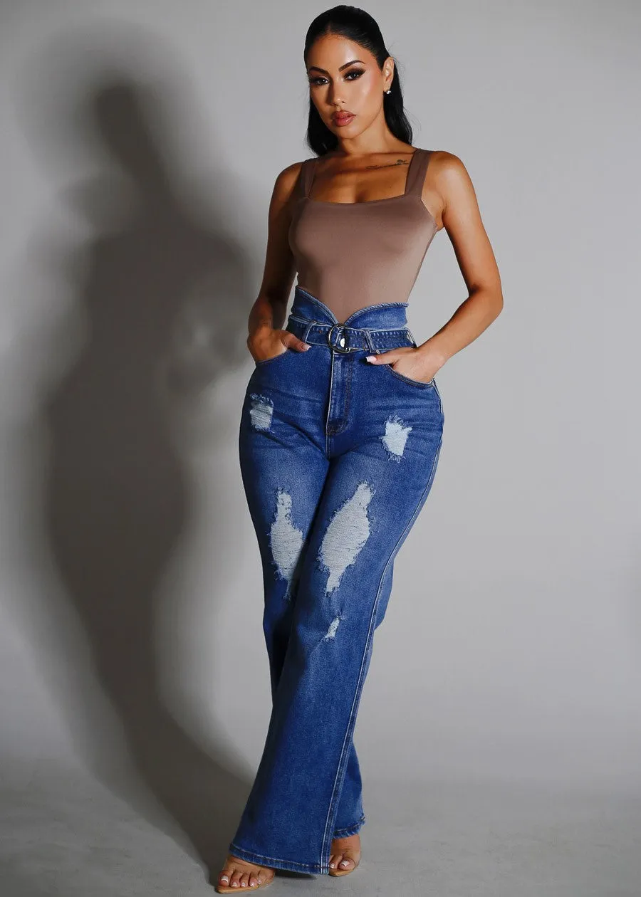 Super High Waist Distressed Wide Leg Stretch Jeans Blue sold by Moda product image thumbnail 3