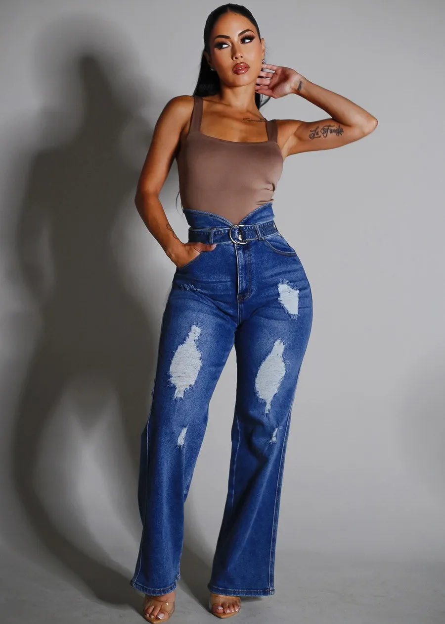 Super High Waist Distressed Wide Leg Stretch Jeans Blue sold by Moda product image thumbnail 2
