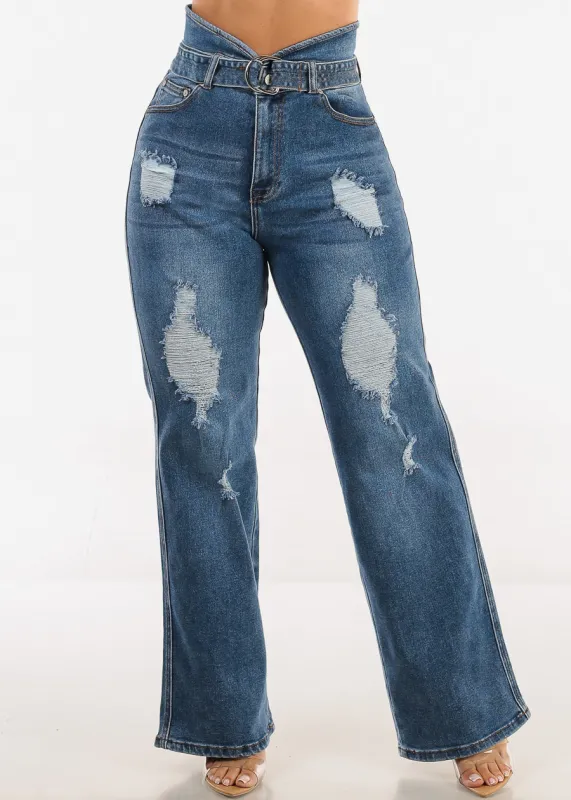 Super High Waist Distressed Wide Leg Stretch Jeans Blue sold by Moda
