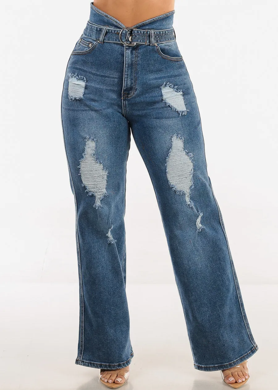 Super High Waist Distressed Wide Leg Stretch Jeans Blue sold by Moda