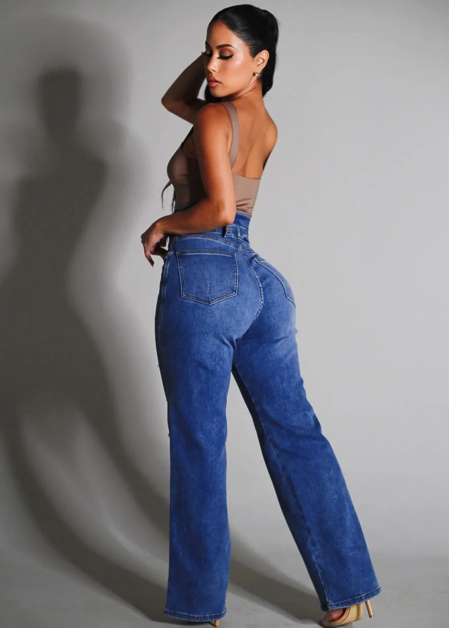 Super High Waist Distressed Wide Leg Stretch Jeans Blue sold by Moda product image thumbnail 4