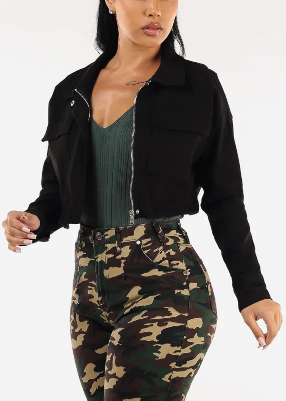 Long Sleeve Zip Up Stretch Cotton Cropped Jacket Black sold by Moda