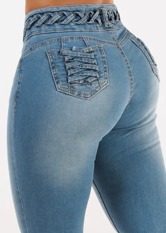 Butt Lift High Waist Skinny Jeans Light Wash w Lace Up Design sold by Moda