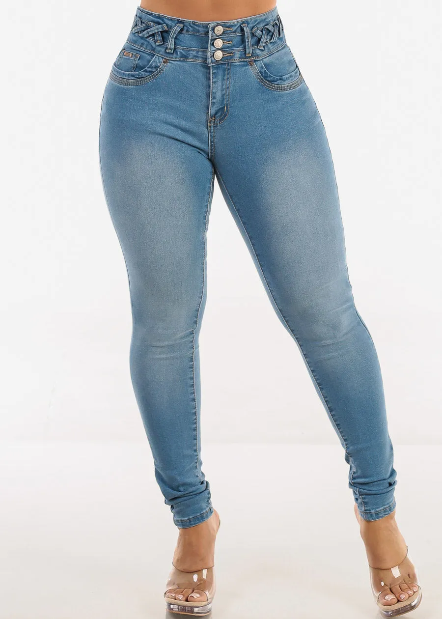 Butt Lift High Waist Skinny Jeans Light Wash w Lace Up Design sold by Moda product image thumbnail 3