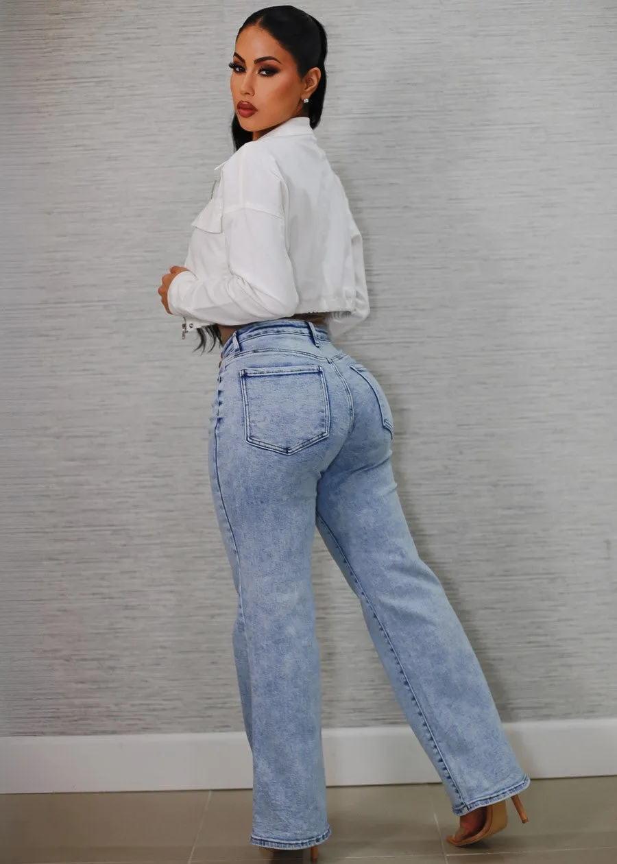 High Waist Straight Wide Leg Stretch Jeans Acid Wash sold by Moda product image thumbnail 3