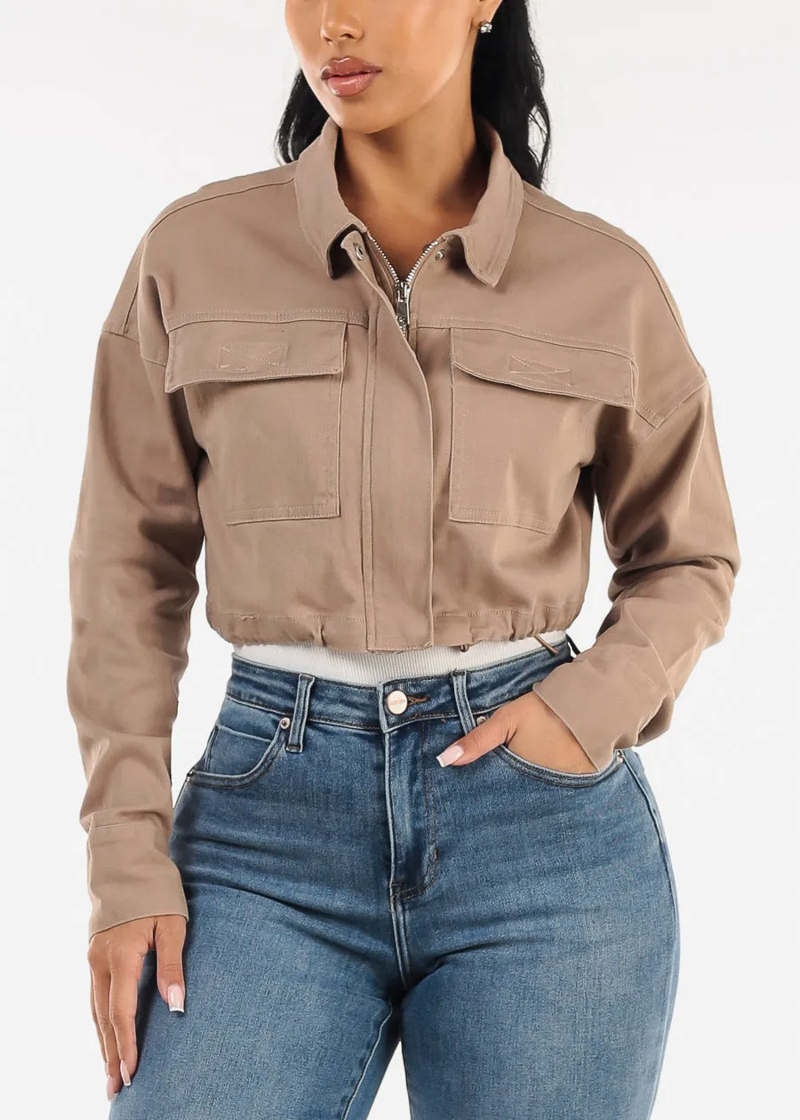 Long Sleeve Zip Up Stretch Cotton Cropped Jacket Dark Khaki sold by Moda product image thumbnail 5