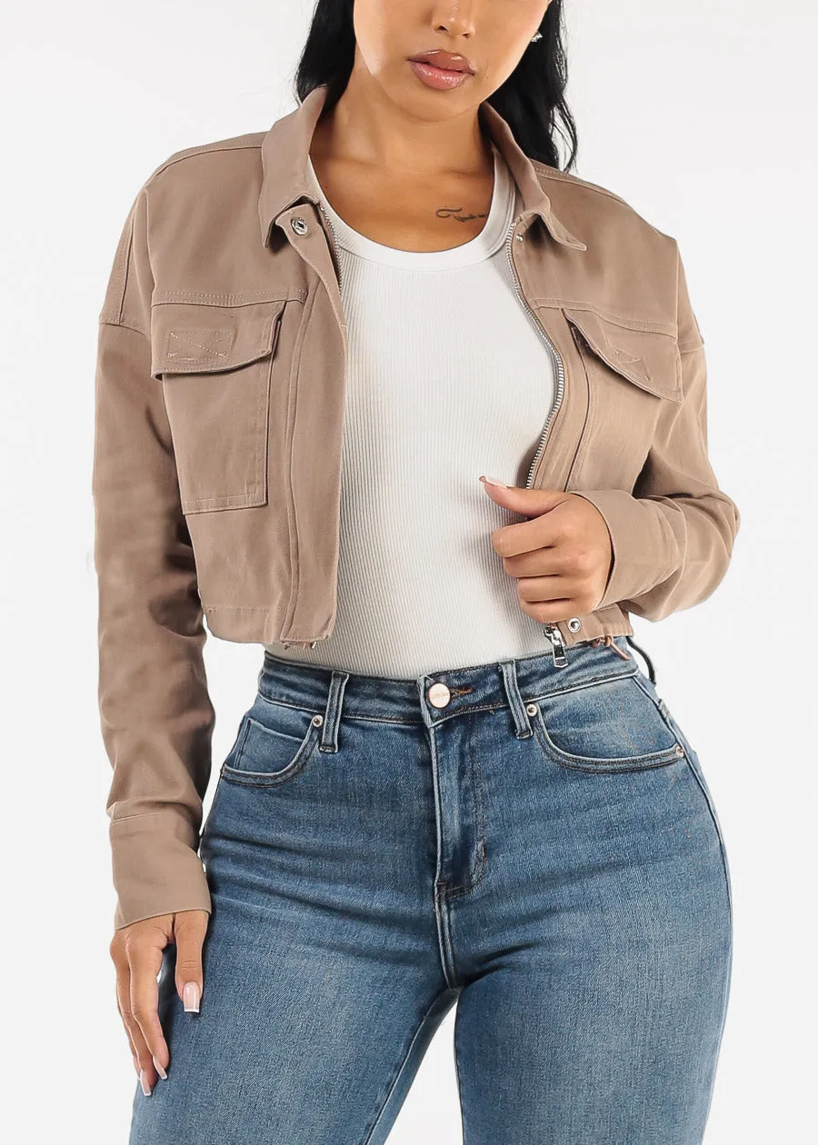 Long Sleeve Zip Up Stretch Cotton Cropped Jacket Dark Khaki sold by Moda