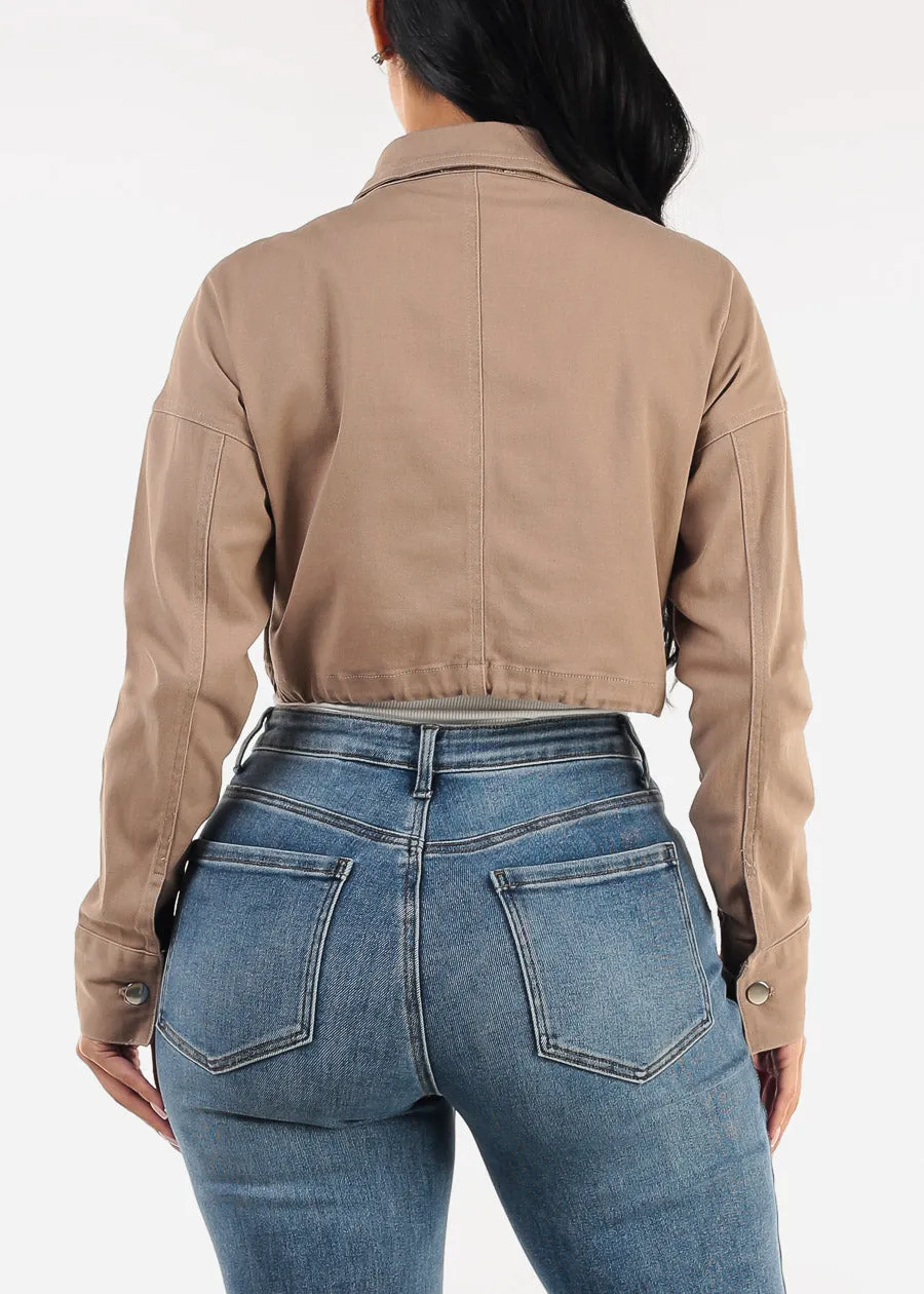 Long Sleeve Zip Up Stretch Cotton Cropped Jacket Dark Khaki sold by Moda product image thumbnail 4