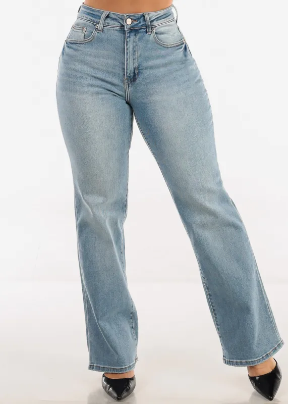 High Waisted Straight Wide Leg Stretch Jeans Light Blue sold by Moda