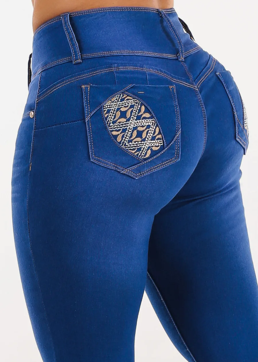 Butt Lift Mid Rise Stretchy Skinny Jeans Royal Blue sold by Moda