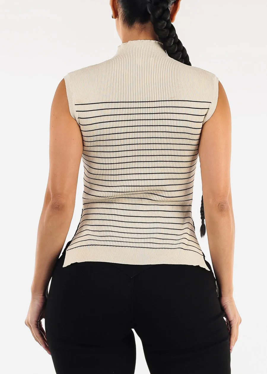 Sleeveless Mock Neck Stripe Sweater Top Beige sold by Moda product image thumbnail 4