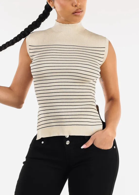 Sleeveless Mock Neck Stripe Sweater Top Beige sold by Moda
