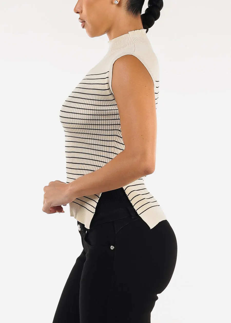 Sleeveless Mock Neck Stripe Sweater Top Beige sold by Moda product image thumbnail 3