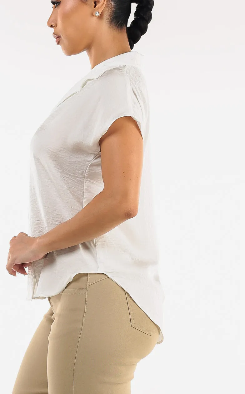 Short Sleeve Round Hem Button Up Blouse Ivory sold by Moda product image thumbnail 3