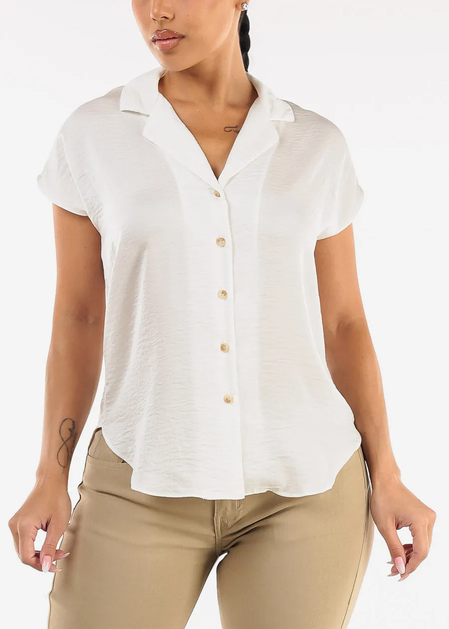 Short Sleeve Round Hem Button Up Blouse Ivory sold by Moda