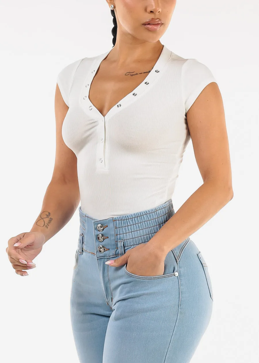 Short Sleeve Stretchy Ribbed Top White sold by Moda