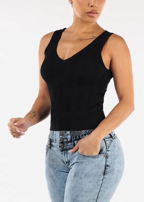 Sleeveless Vneck Knitted Stretch Top Black sold by Moda