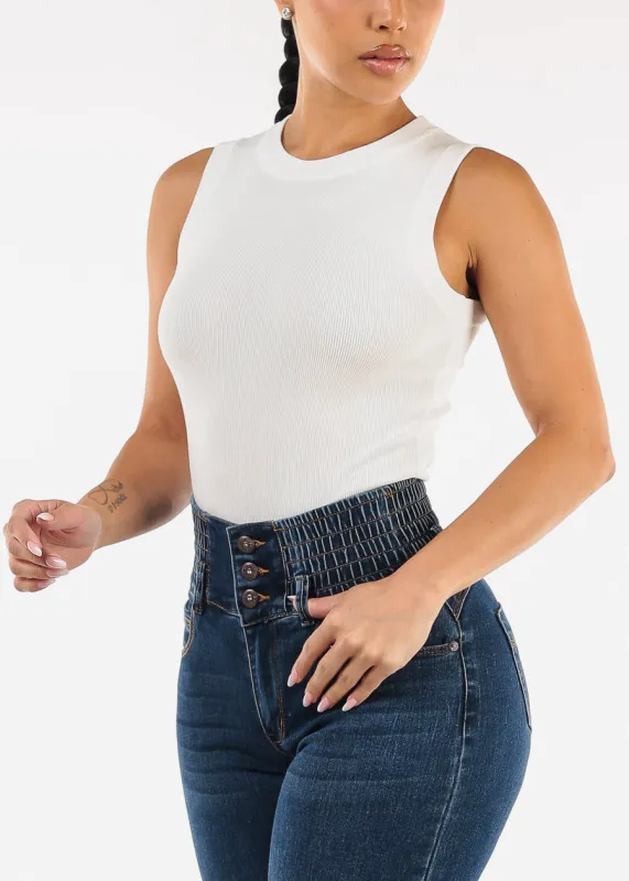 Sleeveless Crewneck Stretch Knit Sweater Top White sold by Moda