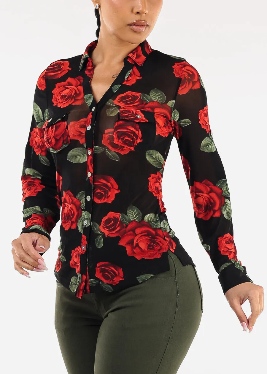 Long Sleeve Button Up Floral Mesh Blouse Black sold by Moda product image thumbnail 3