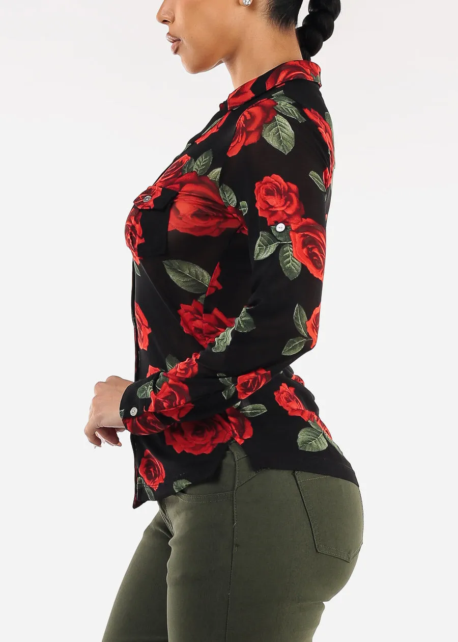 Long Sleeve Button Up Floral Mesh Blouse Black sold by Moda product image thumbnail 4