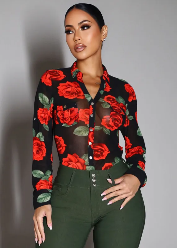 Long Sleeve Button Up Floral Mesh Blouse Black sold by Moda