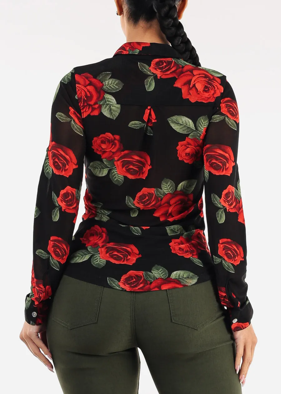 Long Sleeve Button Up Floral Mesh Blouse Black sold by Moda product image thumbnail 5