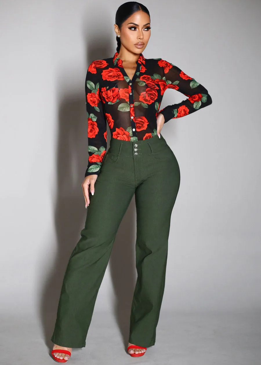 Long Sleeve Button Up Floral Mesh Blouse Black sold by Moda product image thumbnail 2